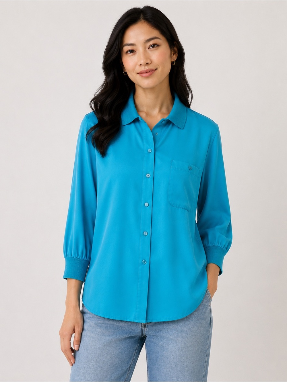 Vintage 80s Diane von Furstenberg Turquoise Blouse with Knit / Woven Collar
